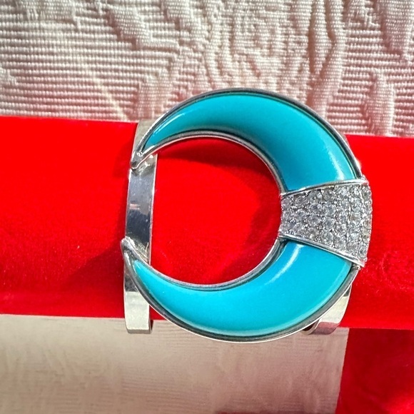 CUFF BRACELET Horn Shape Silver-Tone Pave Crystal Glass Faux Turquoise 5494 P - Picture 2 of 11